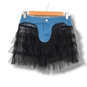 MyBoo Denim Shorts Black Sheer‎ Tulle Ruffle Pockets Party Festival Girl Size S